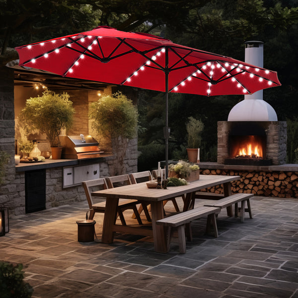 13ft Solar Double-Sided Patio Twin Umbrella with Led Lights, Red
