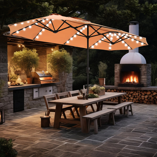 13ft Solar Double-Sided Patio Twin Umbrella with Led Lights, Beige