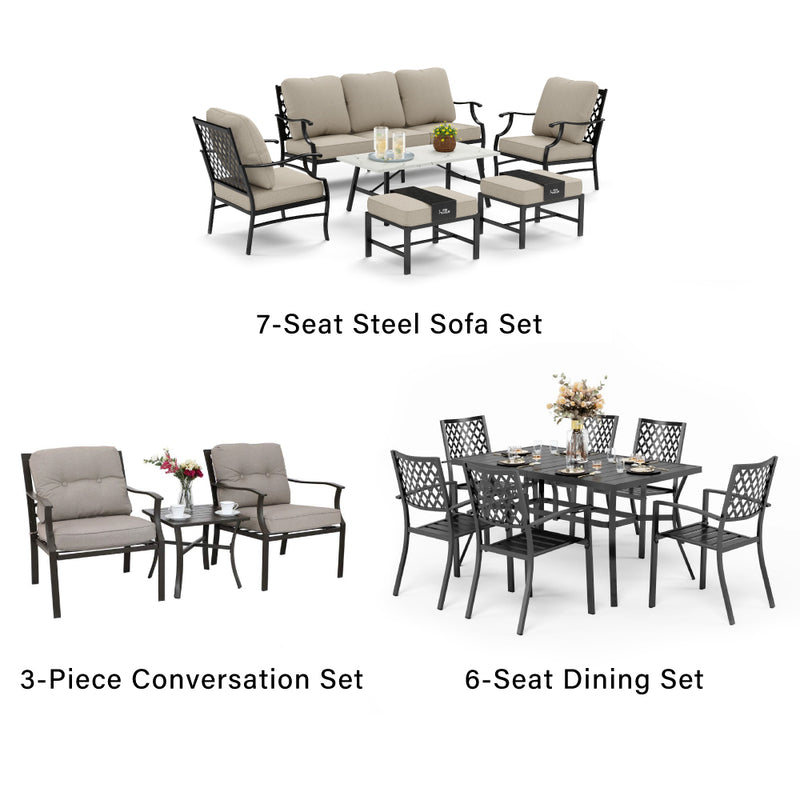 PHI VILLA 18-Piece Set with 6-Seat Dining Set and 7-Seat Steel Conversation Sofa Set and 3-Piece Padded Conversation Set