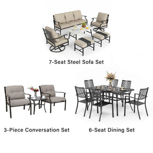 PHI VILLA 18-Piece Set with 6-Seat Dining Set and 7-Seat Steel Conversation Sofa Set and 3-Piece Padded Conversation Set
