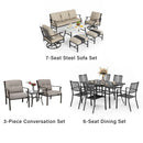 PHI VILLA 18-Piece Set with 6-Seat Dining Set and 7-Seat Steel Conversation Sofa Set and 3-Piece Padded Conversation Set