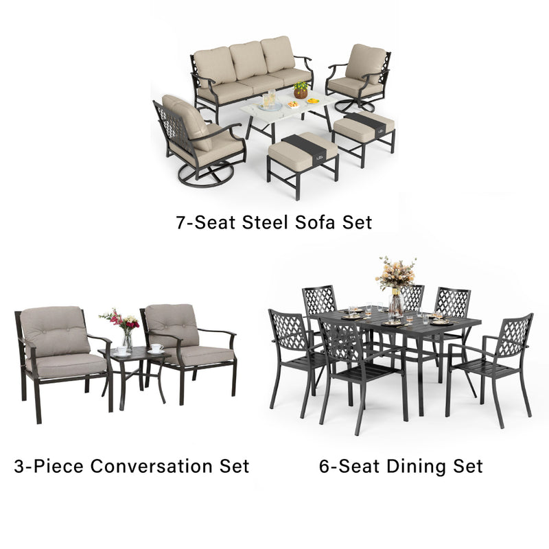 PHI VILLA 18-Piece Set with 6-Seat Dining Set and 7-Seat Steel Conversation Sofa Set and 3-Piece Padded Conversation Set