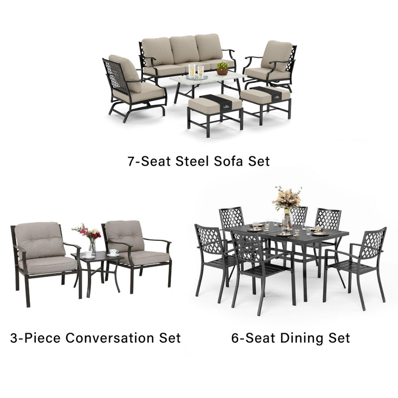 PHI VILLA 18-Piece Set with 6-Seat Dining Set and 7-Seat Steel Conversation Sofa Set and 3-Piece Padded Conversation Set