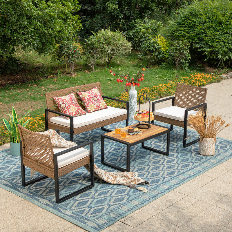 PHI VILLA 4-Piece Patio Conversation Set - Wicker Chairs and Acacia Wood Coffee Table