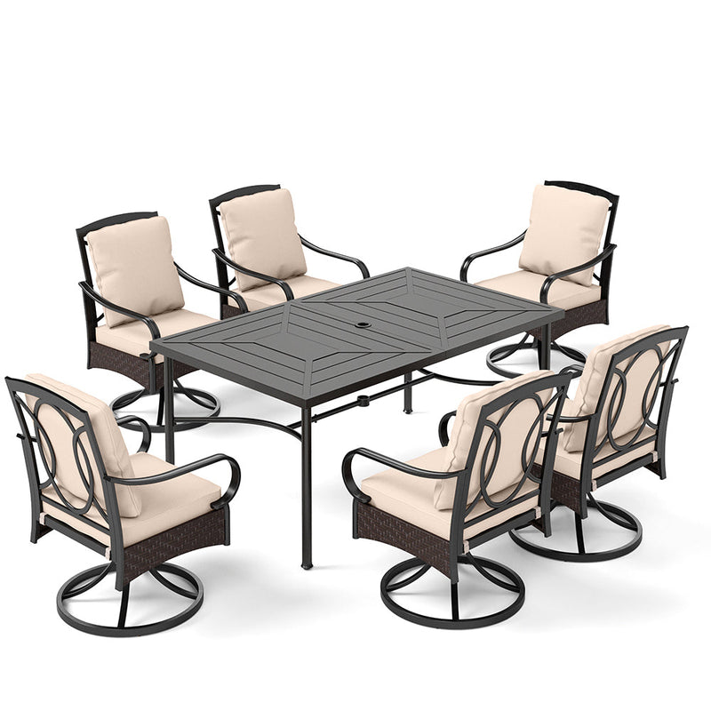 PHI VILLA 7-Piece Patio Dining Set With 6 Cushioned Steel & Rattan Chairs and Rectangle Table