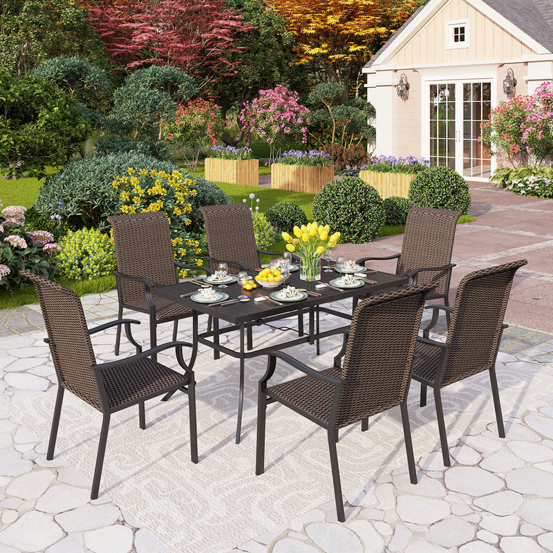 PHI VILLA 7-Piece Outdoor Dining Set with Rattan Dining Chairs & Steel Panel Table