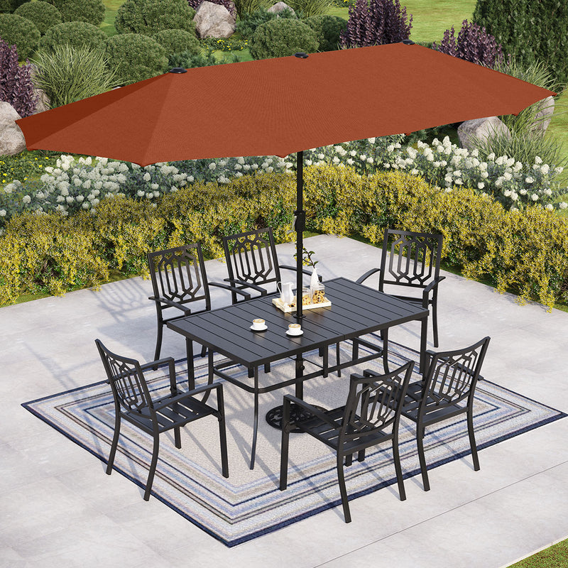 PHI VILLA 8-Piece Outdoor Dining Set with 13ft Umbrella & Rectangle Metal Dining Table & Fixed Steckable Chairs