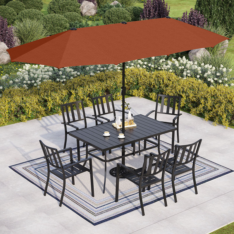 PHI VILLA 8-Piece Outdoor Dining Set with 13ft Umbrella & Rectangle Metal Dining Table & Fixed Steckable Chairs