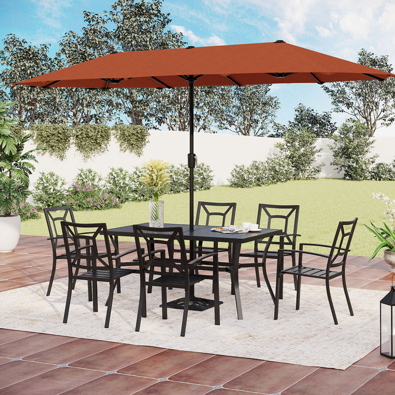 PHI VILLA 8-Piece Outdoor Dining Set with 13ft Umbrella & Rectangle Metal Dining Table & Fixed Steckable Chairs