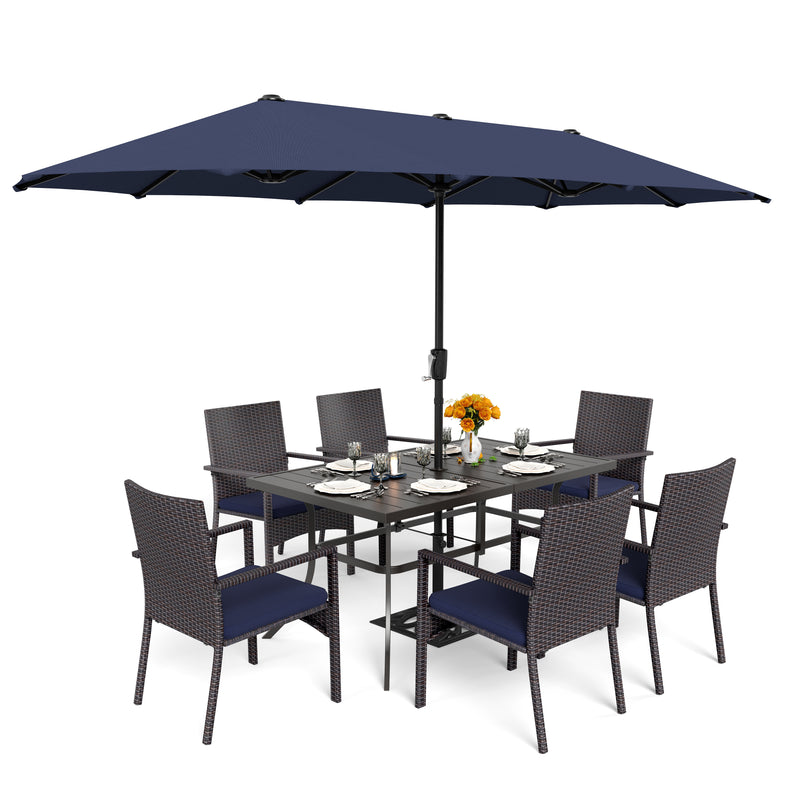 PHI VILLA 8-Piece Patio Dining Set with 13ft Umbrella & Rectangle Steel Table & Wicker Rattan Chairs