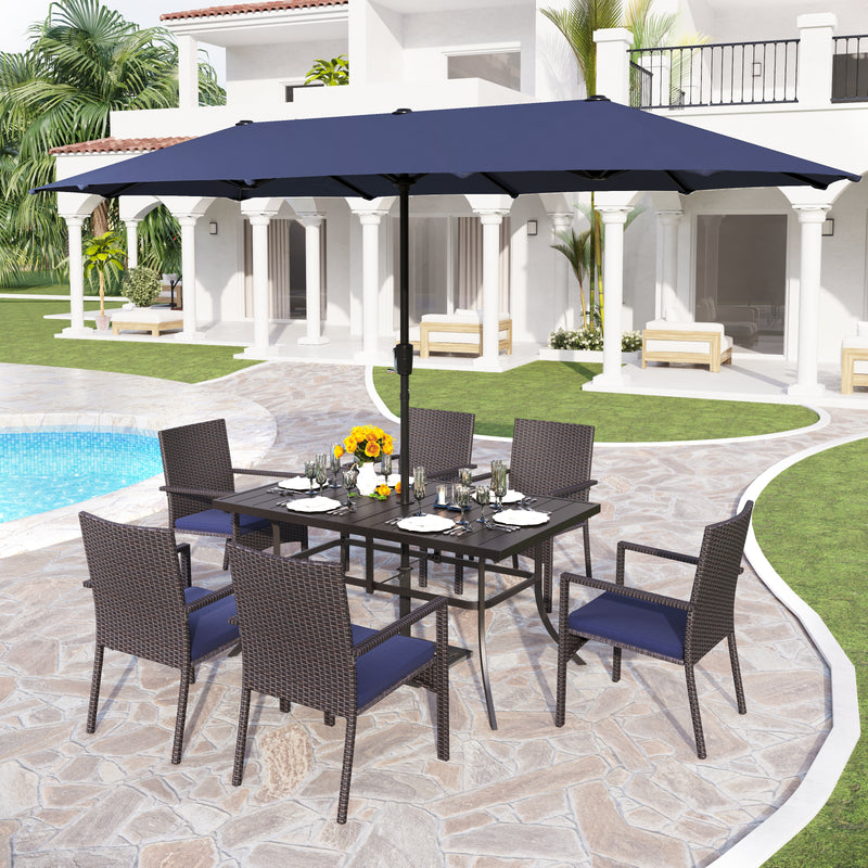 PHI VILLA 8-Piece Patio Dining Set with 13ft Umbrella & Rectangle Steel Table & Wicker Rattan Chairs