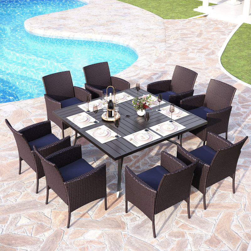PHI VILLA 9 PCS Patio Dining Set with Large Square Table & 8 Rattan Chairs