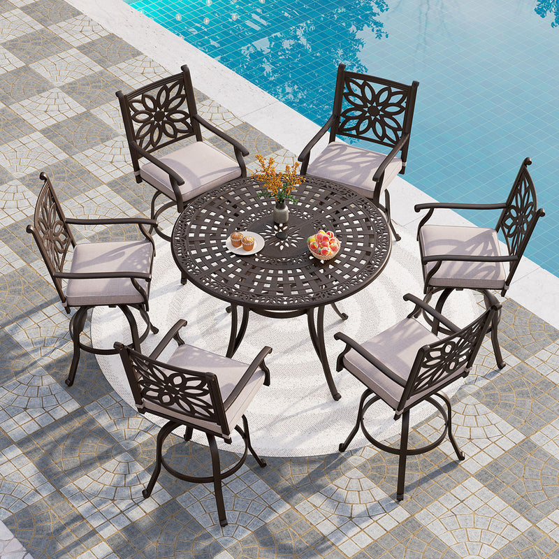 PHI VILLA Cast Aluminum High Bar Dining Set  With Round Table and 6 Swivel Bar Stool Chairs