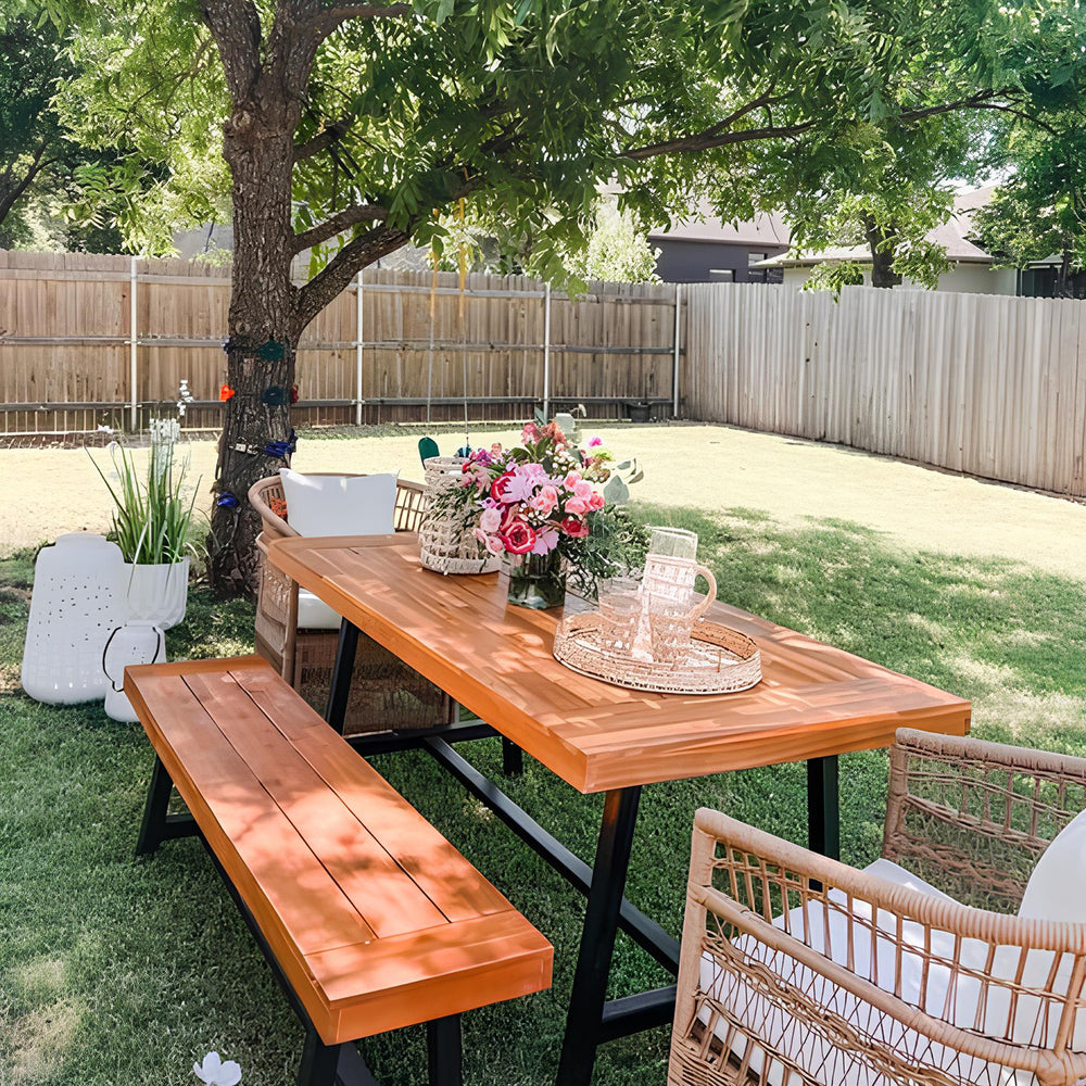 Patio Modern Acacia Wood Dining Set Picnic Table with Bench-Phi Villa