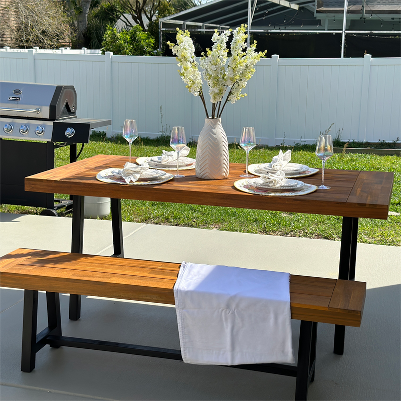 Phi Villa Patio Modern Acacia Wood Dining Set Outdoor Bench Picnic Table