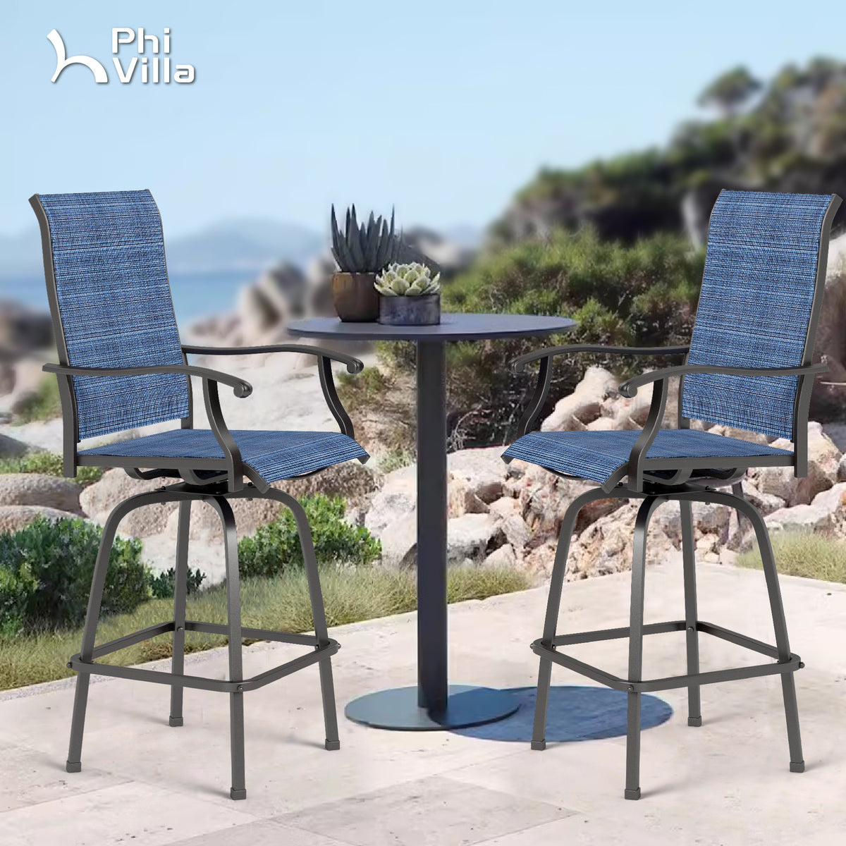 PHI VILLA Swivel Bar Stools With Arms Height Patio Bar Chairs Set