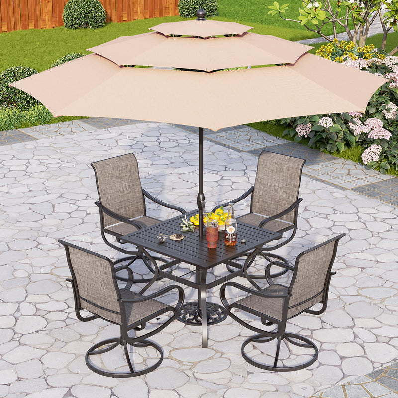 PHI VILLA 6-Piece Patio Dining Set with 10ft Umbrella & Square Table & Textilene Swivel Chairs