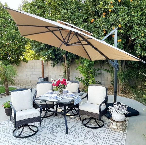 10ft Patio Square Offset Umbrella With Hanging Decorative Holes and Air Vent, With Weights