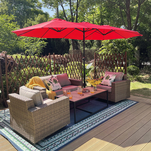 iwicker 15 ft double-sided patio umbrella 15ft Solar Extra Large Twin with Led Light Suitable for Various Spaces ANGELES HOME 10-Piece Patio Wicker
