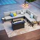 PHI VILLA Modular 6-Piece Sofa Set with Integrated Side Table and Rectangle Metal Gas Fire Pit Table