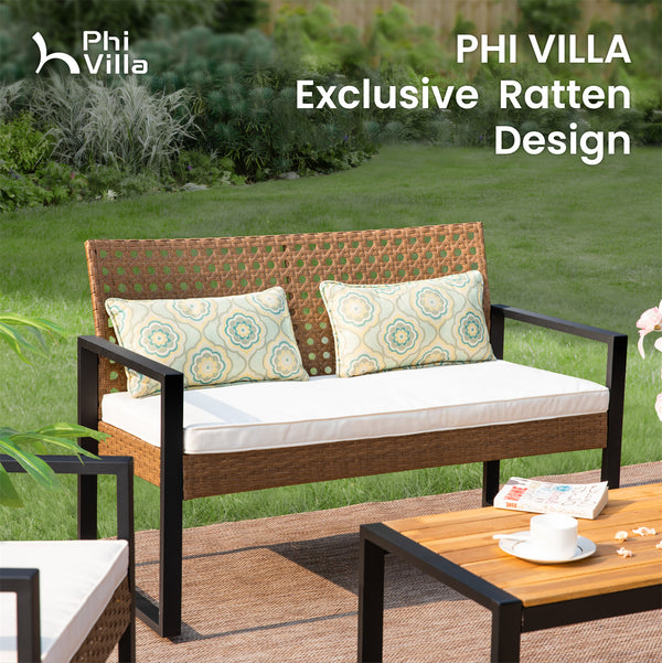 PHI VILLA 4-Piece Patio Wicker & Acacia Wood Conversation Set with Loveseat & Coffee Table