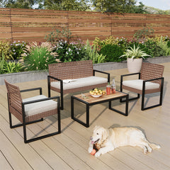 PHI VILLA 4-Piece Patio Wicker & Acacia Wood Conversation Set with Loveseat & Coffee Table