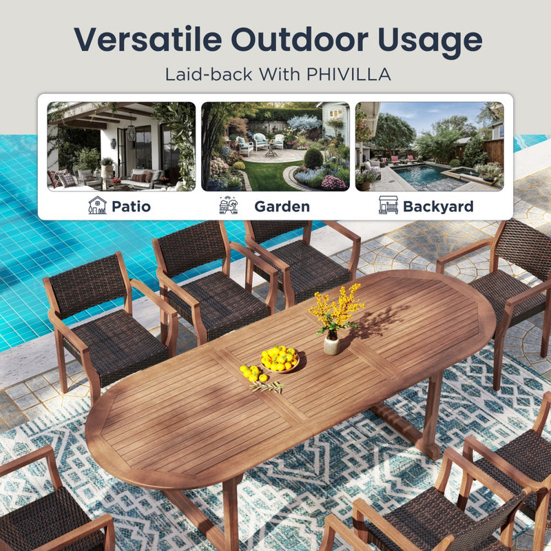 Phi Villa Luxurious Wooden Dining Set with Expandable Table & Rattan Chairs