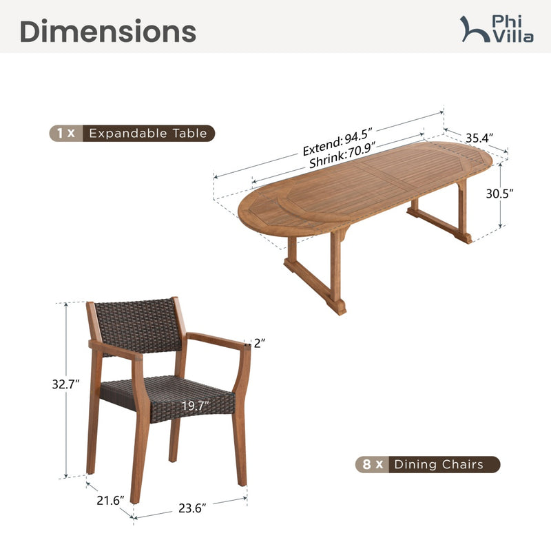Phi Villa Luxurious Wooden Dining Set with Expandable Table & Rattan Chairs