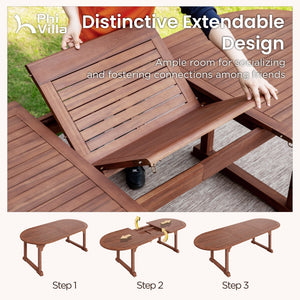 Phi Villa Bucolic Luxurious Wooden Dining Set with Expandable Table & Rattan Chairs