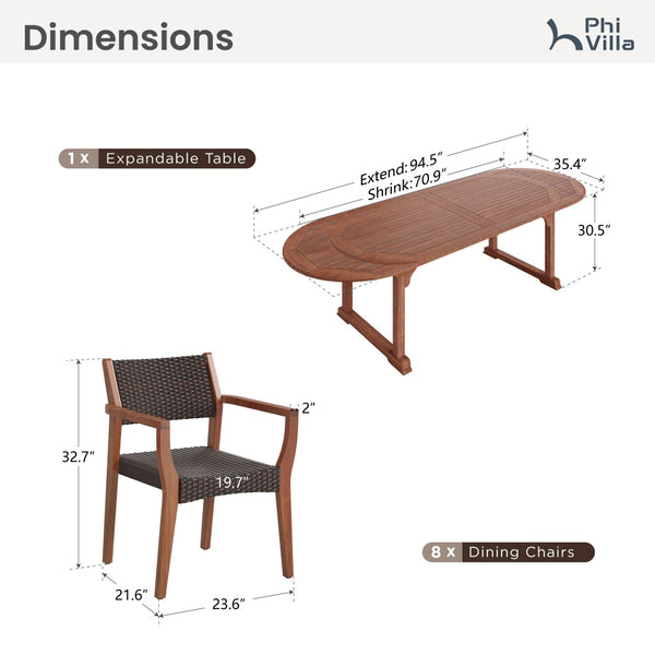 Phi Villa Bucolic Luxurious Wooden Dining Set with Expandable Table & Rattan Chairs