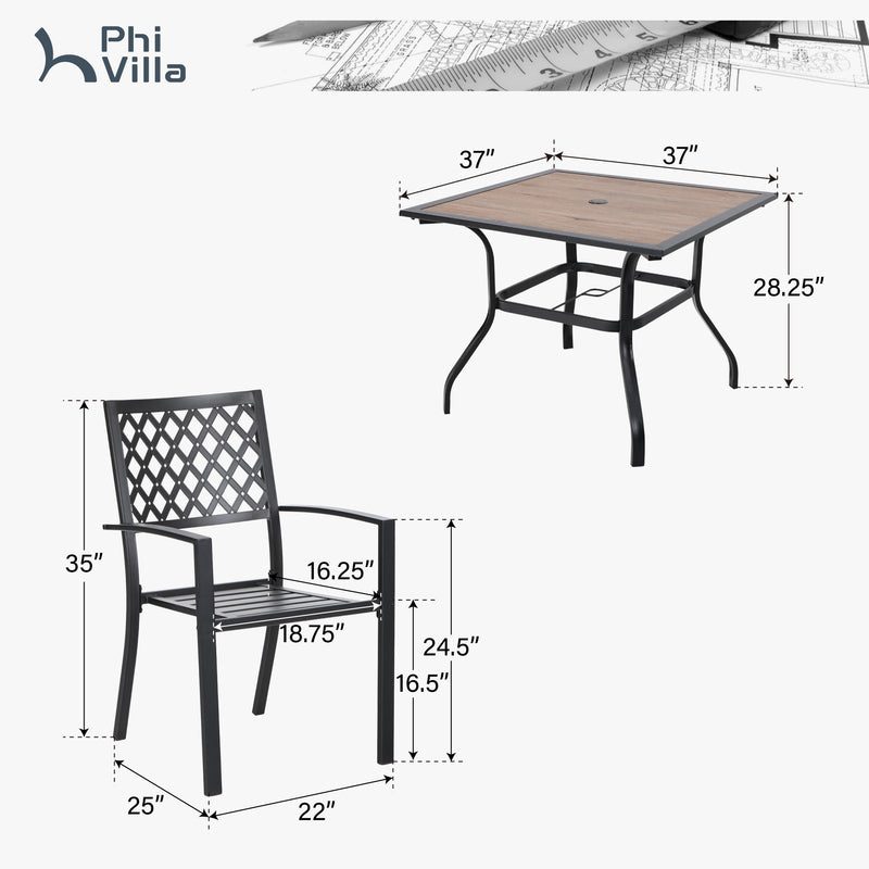 PHI VILLA 5-Piece Metal Patio Dining Set Wood-look Table and 4 Pattern Stackable Chairs