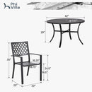 PHI VILLA 5-Piece Outdoor Dining Set 4 Patterned Stackable Chairs and Steel Slat Round Table