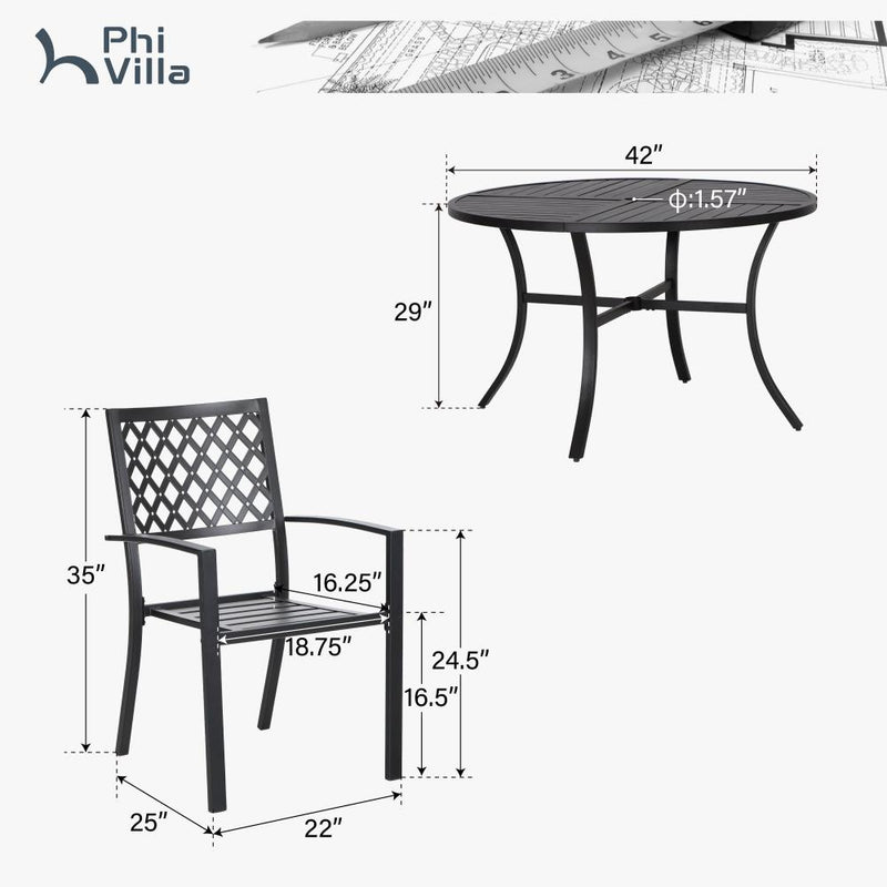 PHI VILLA 5-Piece Outdoor Dining Set 4 Patterned Stackable Chairs and Steel Slat Round Table