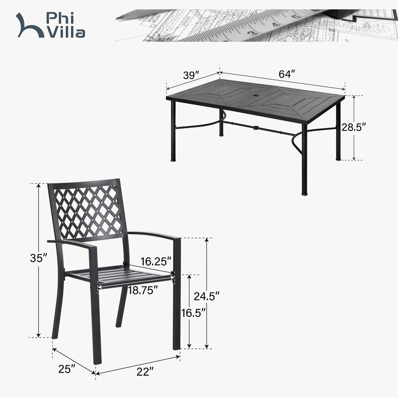 PHI VILLA 7-Piece Outdoor Patio Dining Set 6 Stackable Chairs and Rectangle Table