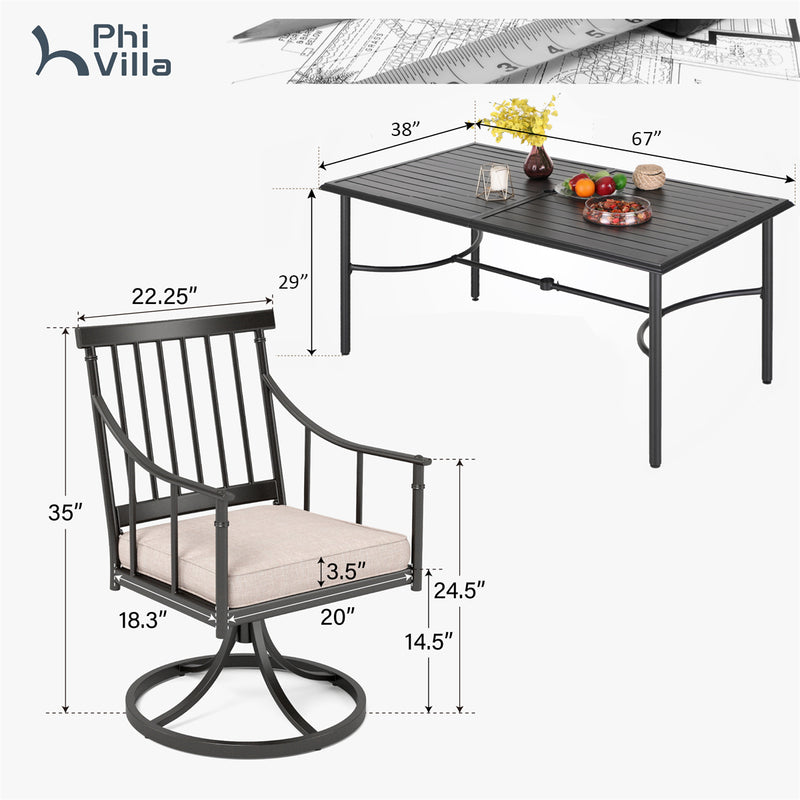 PHI VILLA 7-Piece Patio Dining Set With Rectangle Table & 6 Fashionable Dining Chairs