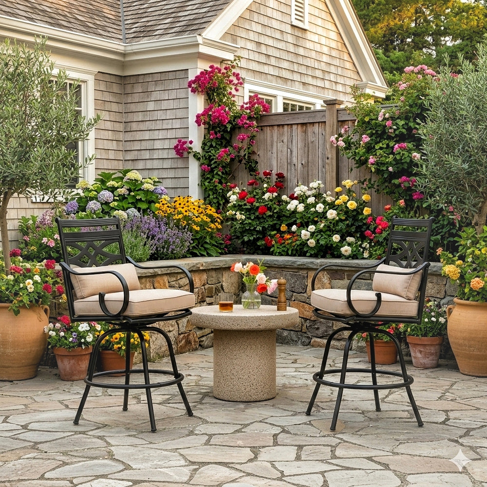 Vine Outdoor Steel Swivel Cushioned Bar Stools with Pillows