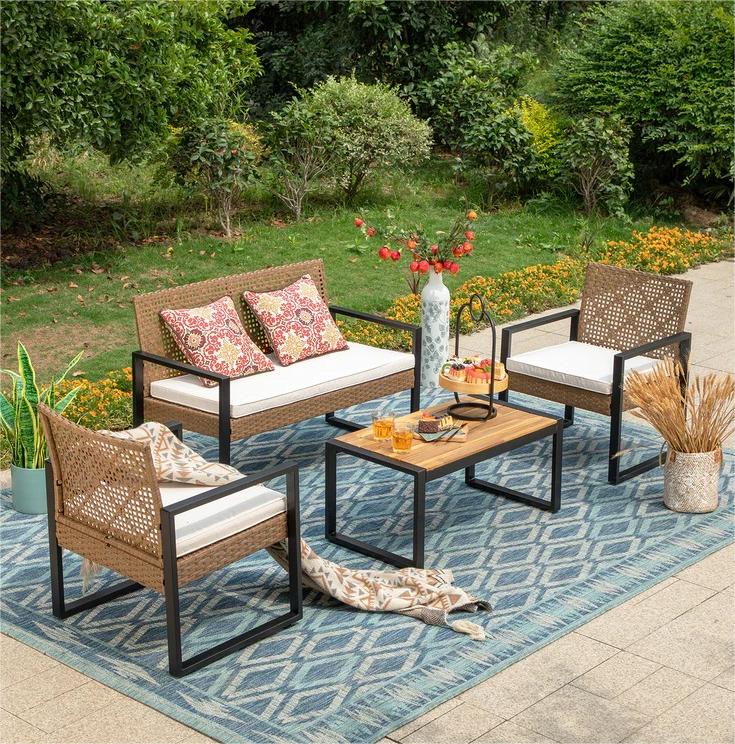 Phi Villa 4 Piece Patio Conversation Set Wicker Chairs and Acacia Wood Coffee Table Modern and Stylish