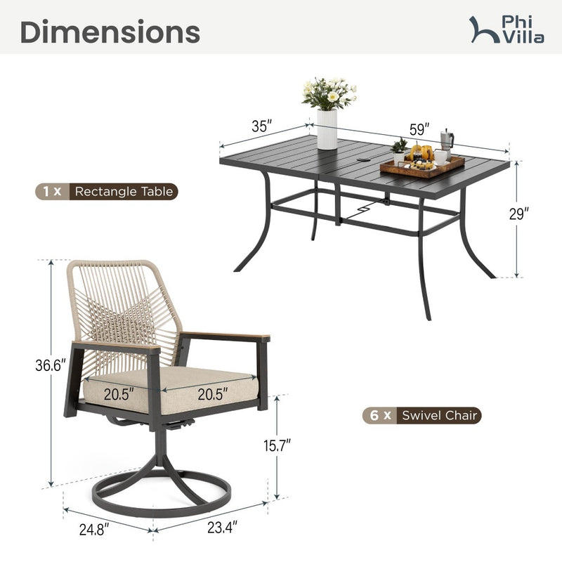 7-Piece Patio Dining Set with Stylish Rattan Rope Chairs-Phi Villa