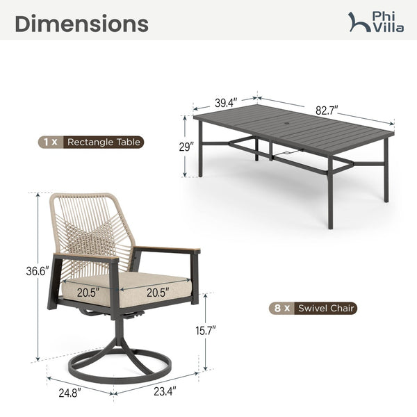 Mirage 9-Pcs Patio Dining Set with Stylish Rattan Rope Chairs & Long Table for 8
