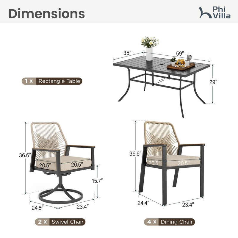 7-Piece Patio Dining Set with Stylish Rattan Rope Chairs-Phi Villa