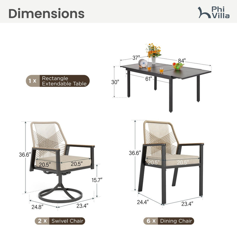 9-Piece Patio Dining Set with Stylish Rattan Rope Chairs and Long Table for 8-Phi Villa