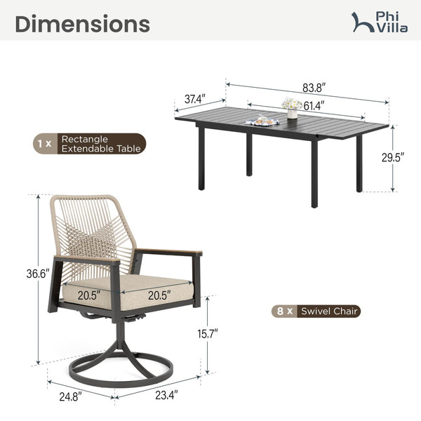 Mirage 7/9-Piece Patio Dining Set with Stylish Rattan Rope Chairs and Expandable Table-Phi Villa