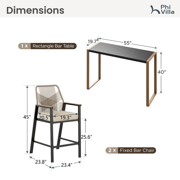 Phi Villa 3-Pcs Patio High Bar Set-Mirage Rope-art Stools & Sea Stone Tabletop Design