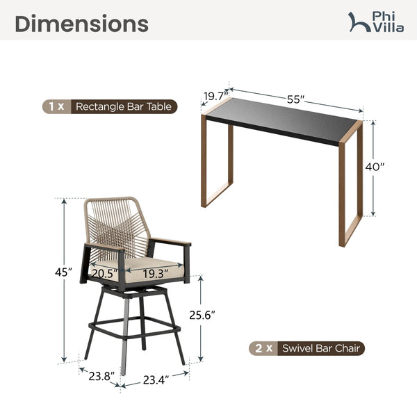 Phi Villa 3-Pcs Patio High Bar Set-Mirage Rope-art Stools & Sea Stone Tabletop Design