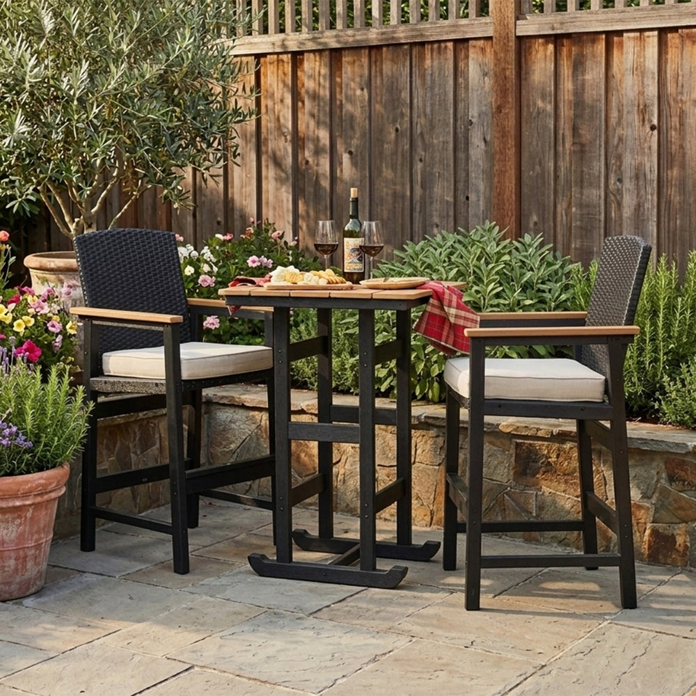 Tranquil 3-Pcs Outdoor High Bar set with HDPE Rattan Bar Stool and Wood-like Table