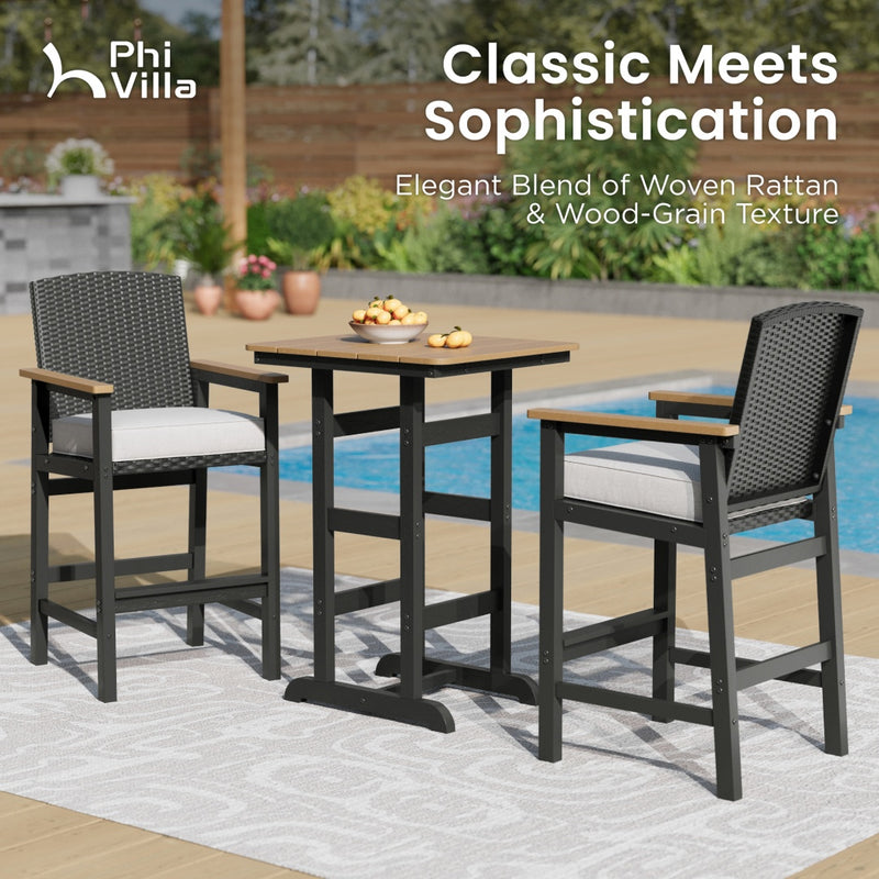 3-Pcs Outdoor High Bar set with HPDE Rattan Bar Stool and Wood-like Table