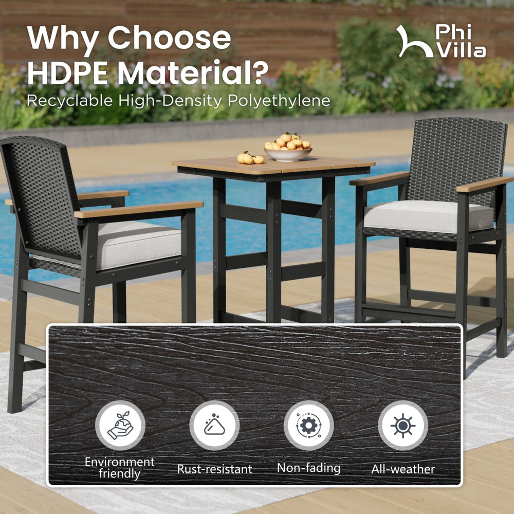 Tranquil 3-Pcs Outdoor High Bar set with HDPE Rattan Bar Stool and Wood-like Table