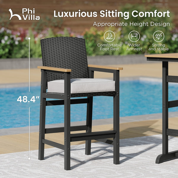 Tranquil 3-Pcs Outdoor High Bar set with HDPE Rattan Bar Stool and Wood-like Table