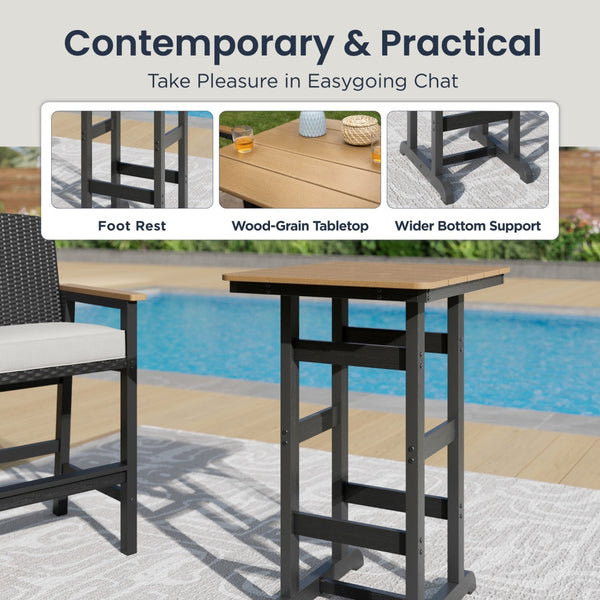Tranquil 3-Pcs Outdoor High Bar set with HDPE Rattan Bar Stool and Wood-like Table