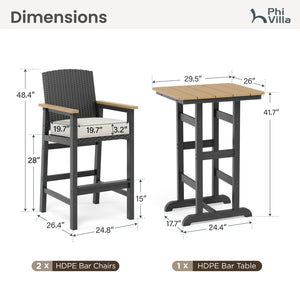 Tranquil 3-Pcs Outdoor High Bar set with HDPE Rattan Bar Stool and Wood-like Table